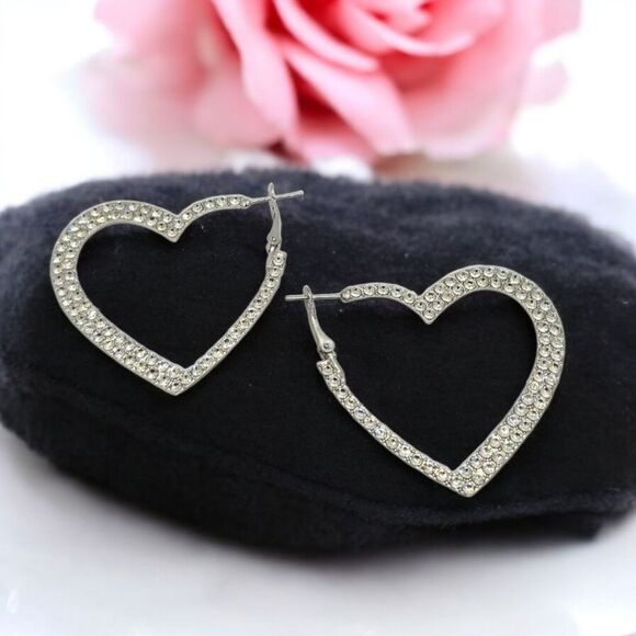 Silver Rhinestone Heart Hoop Earrings Studded Pierced Women's Jewelry Leverback - Picture 4 of 9